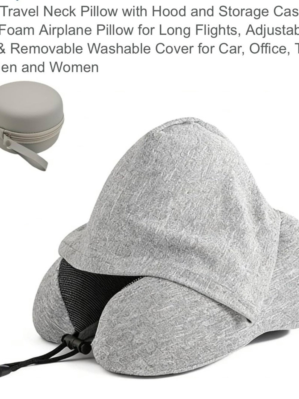 Travel Hooded Neck Pillow - Light Gray Comfort Support with Storage Case